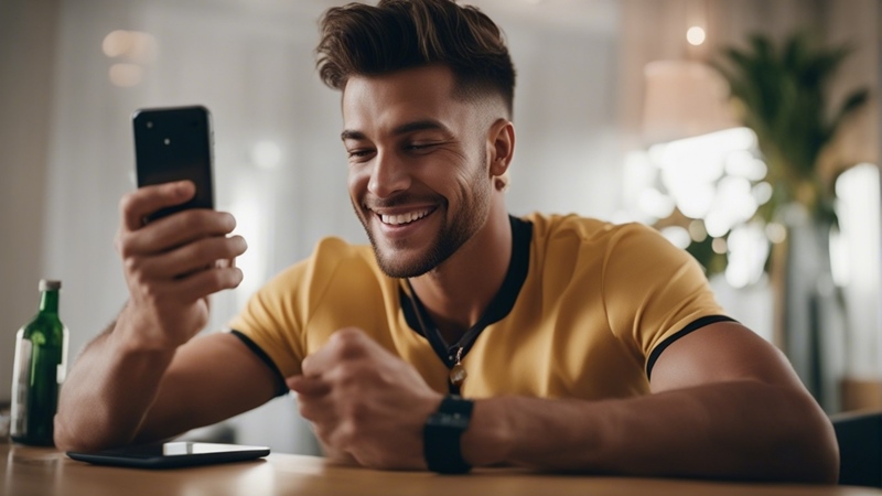 Um jovem apostador segurando seu app de apostas desportivas na mão