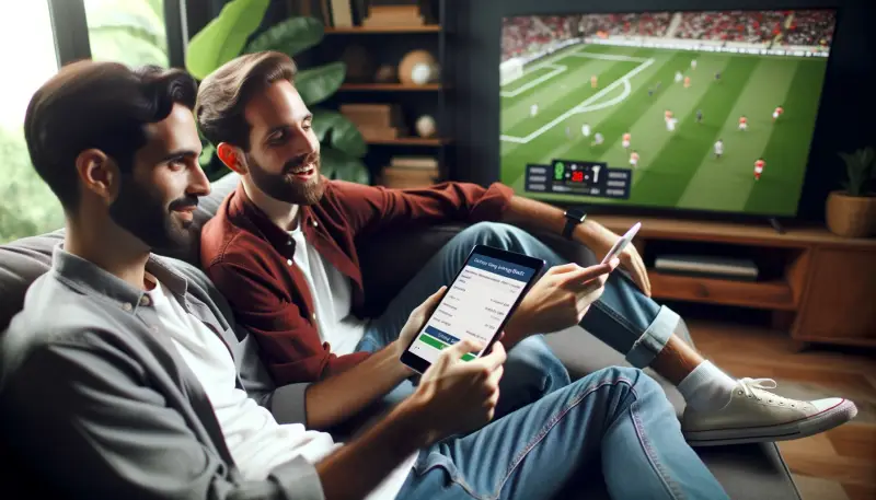 Duas pessoas apostando durante um jogo de futebol na televisão