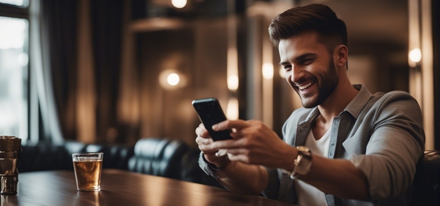 Um apostador sentado olhando para o telefone e parecendo feliz
