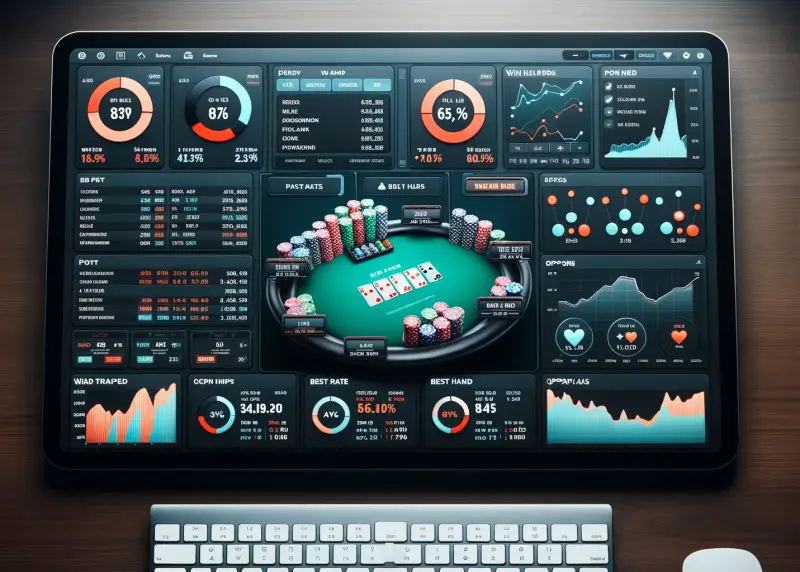 Tela com mesa de poker online cercada de estatísticas