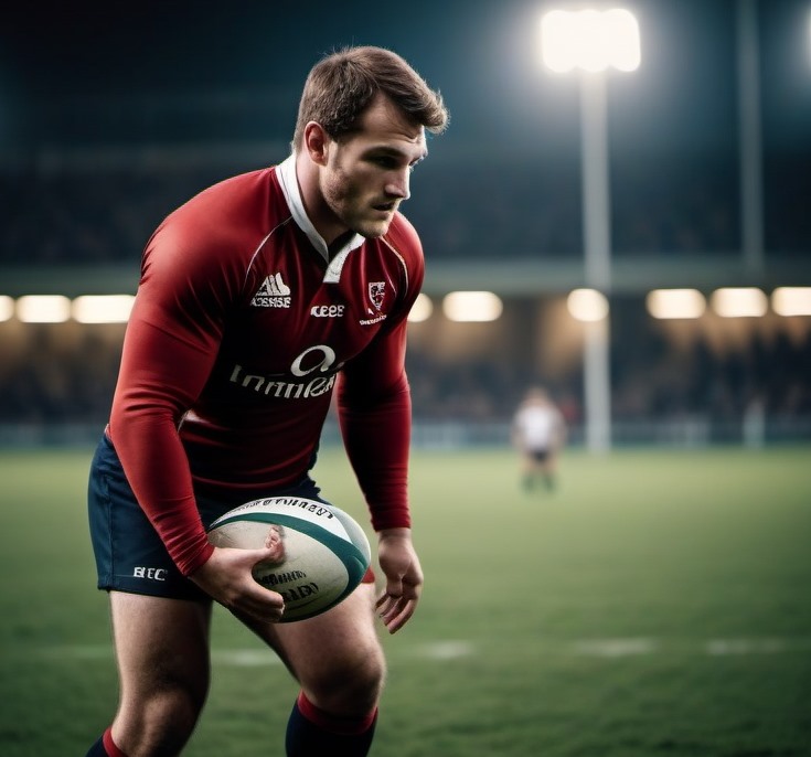 Um jogador de rugby em um campo, segurando uma bola